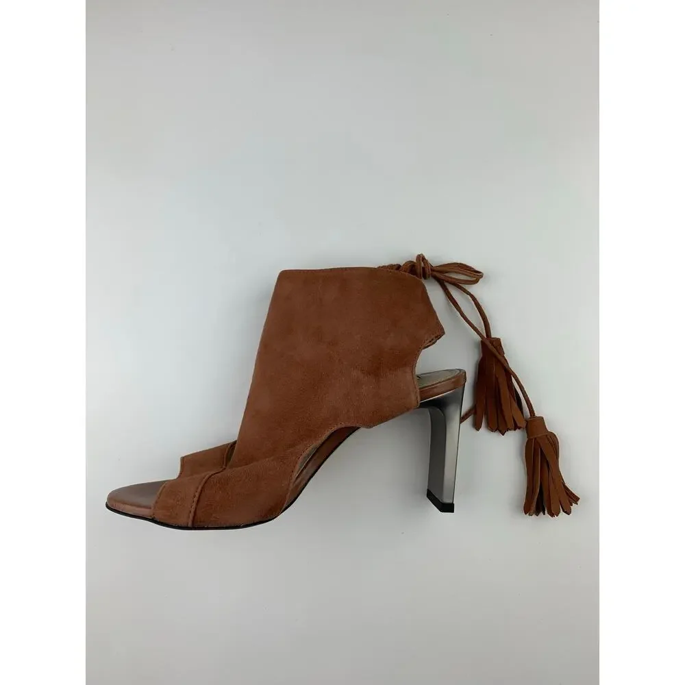 BCBGMaxAzria Brown Suede Heels Booties Open Toe Tassel Lace Up Women's 36 US 6